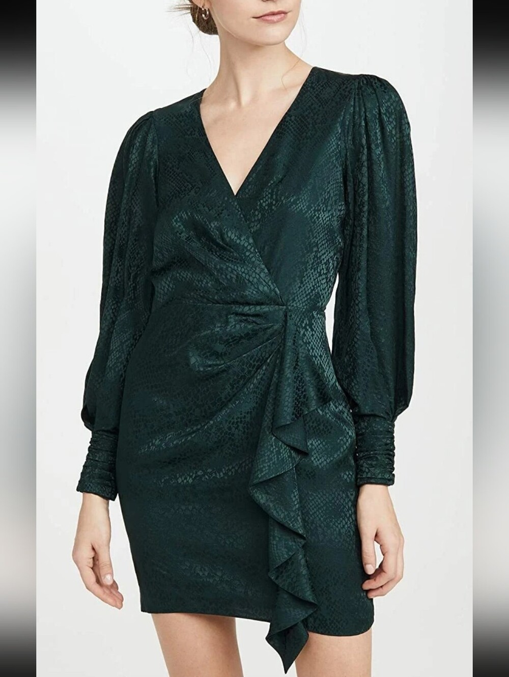 NWT Parker Pine Emerald Green Satin Snakeskin Wrap Ruffle Long Sleeve Dress 4